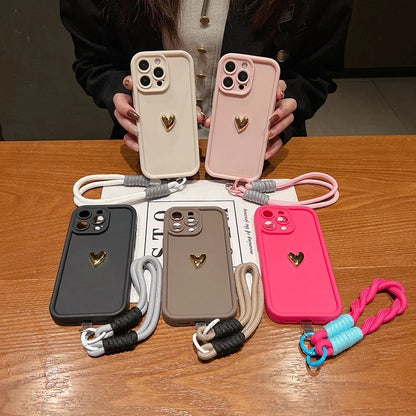 3D Gold Heart Soft Lanyard Rope Phone Case For iPhone